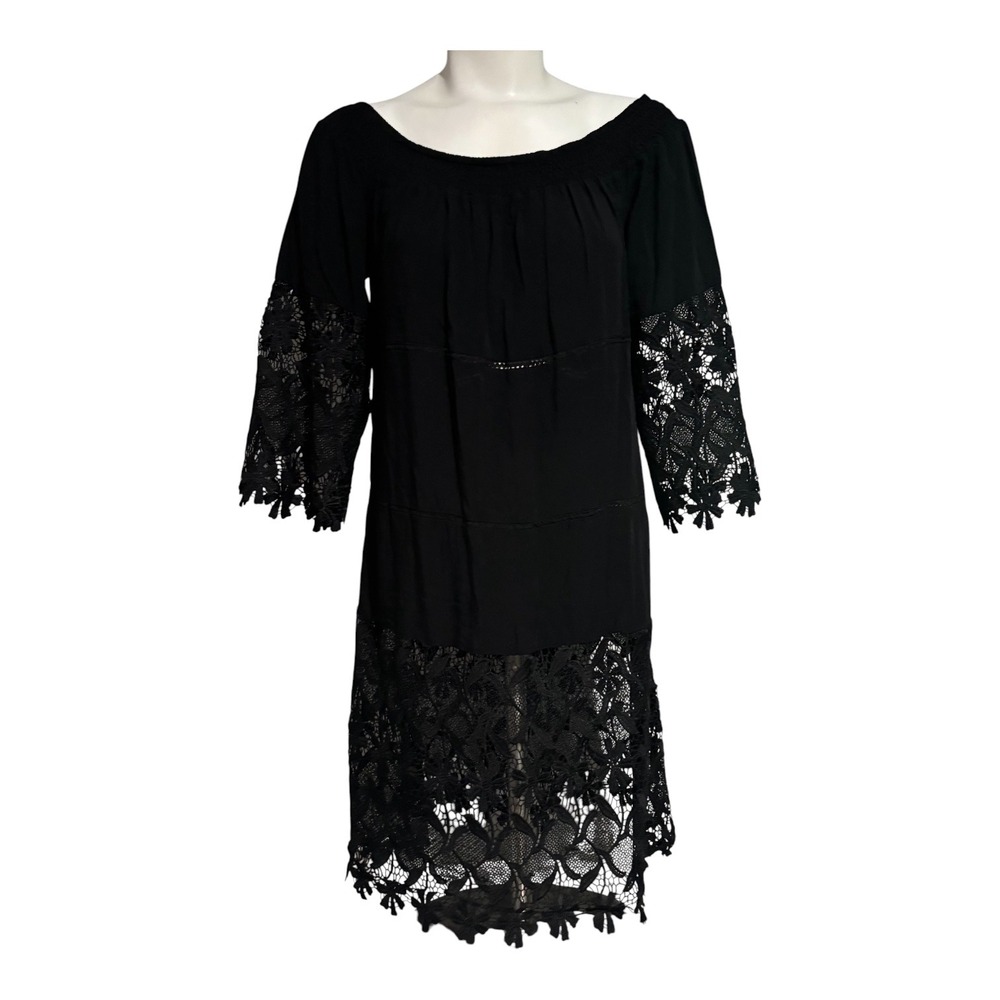 Solitare Swim Black Lace Crochet Off Shoulder Mini Dress Coverup Large